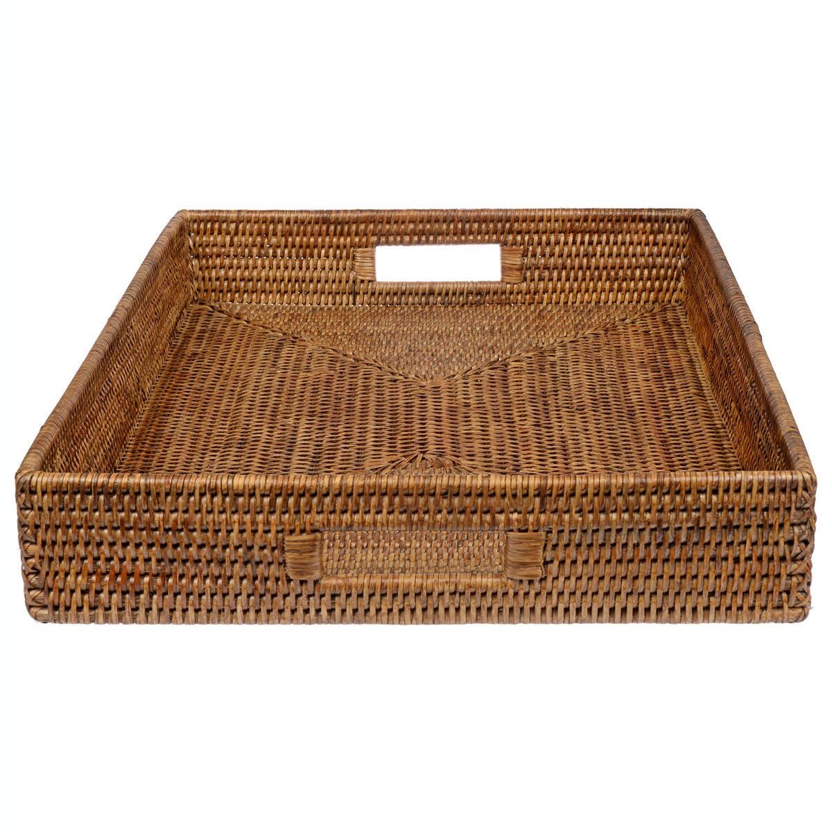 Vassoio in rattan rettangolare, grande vassoio da portata in rattan naturale, con manici e bordo alto, in rattan, vassoio decorativo (50 x 40 x 8 cm)
