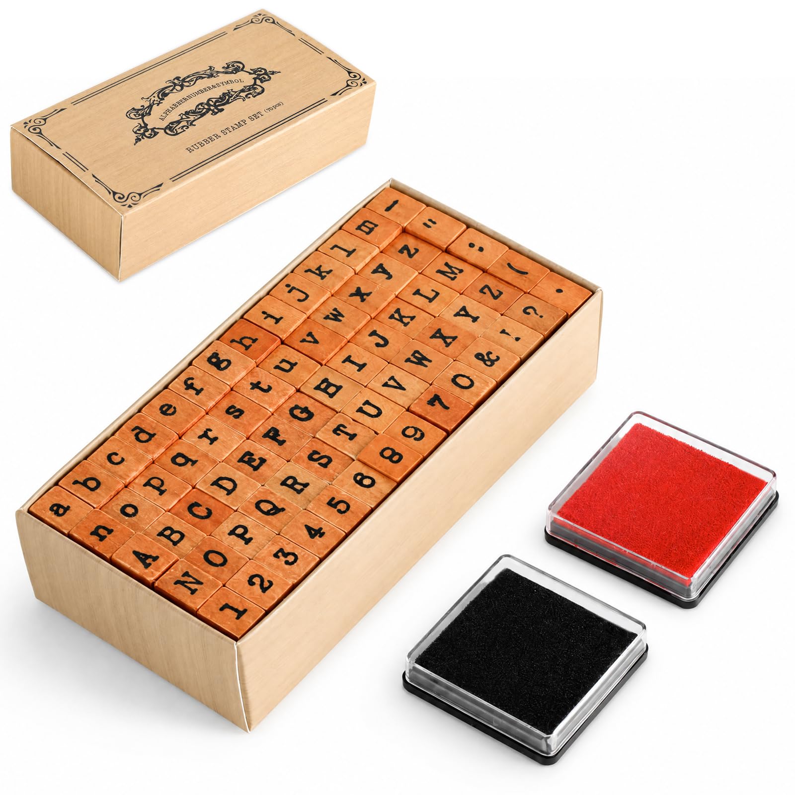 70 Pcs Vintage Typewriter Stamps, Wooden Rubber Alphabet Number Symbol Stamp Set with 2 Red Black Ink Pads, Retro Letter Stamp for Journal Scrapbook Card Making DIY Craft Decoration