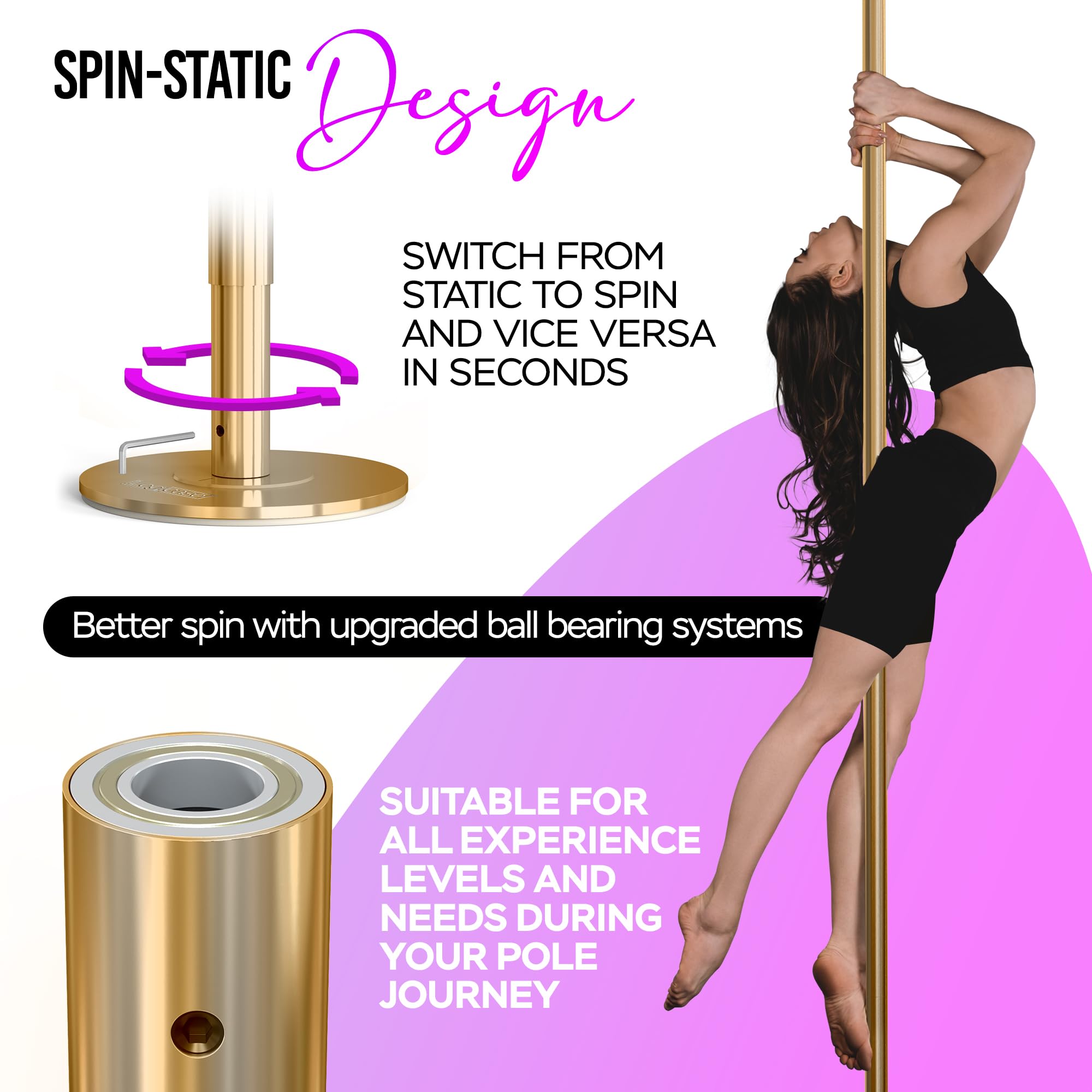 ILOGICASE Spinning Dancing Pole for Home | Portable and Heavy Duty 45mm Dance Pole Apartment Friendly, Adjustable Height 7ft to 11ft, w/Pole Conditioning Bands Set, LED Light and Carry Bags: Gold