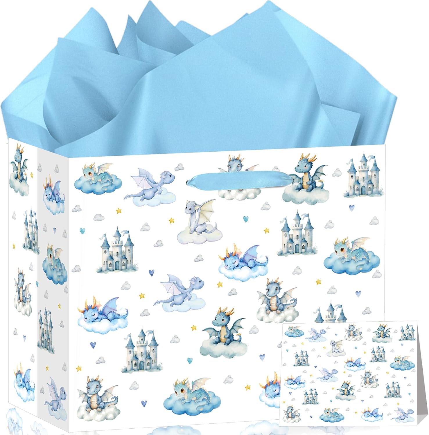 TagreSpike Dragon Baby Shower Gifts Bag for Kids Watercolor Baby Dragon Wrap Bag with Tissue Paper Card Blue Castle Wrapping Paper Bags for Kids Baby Shower Gender Reveal Birthday Decoration Favors