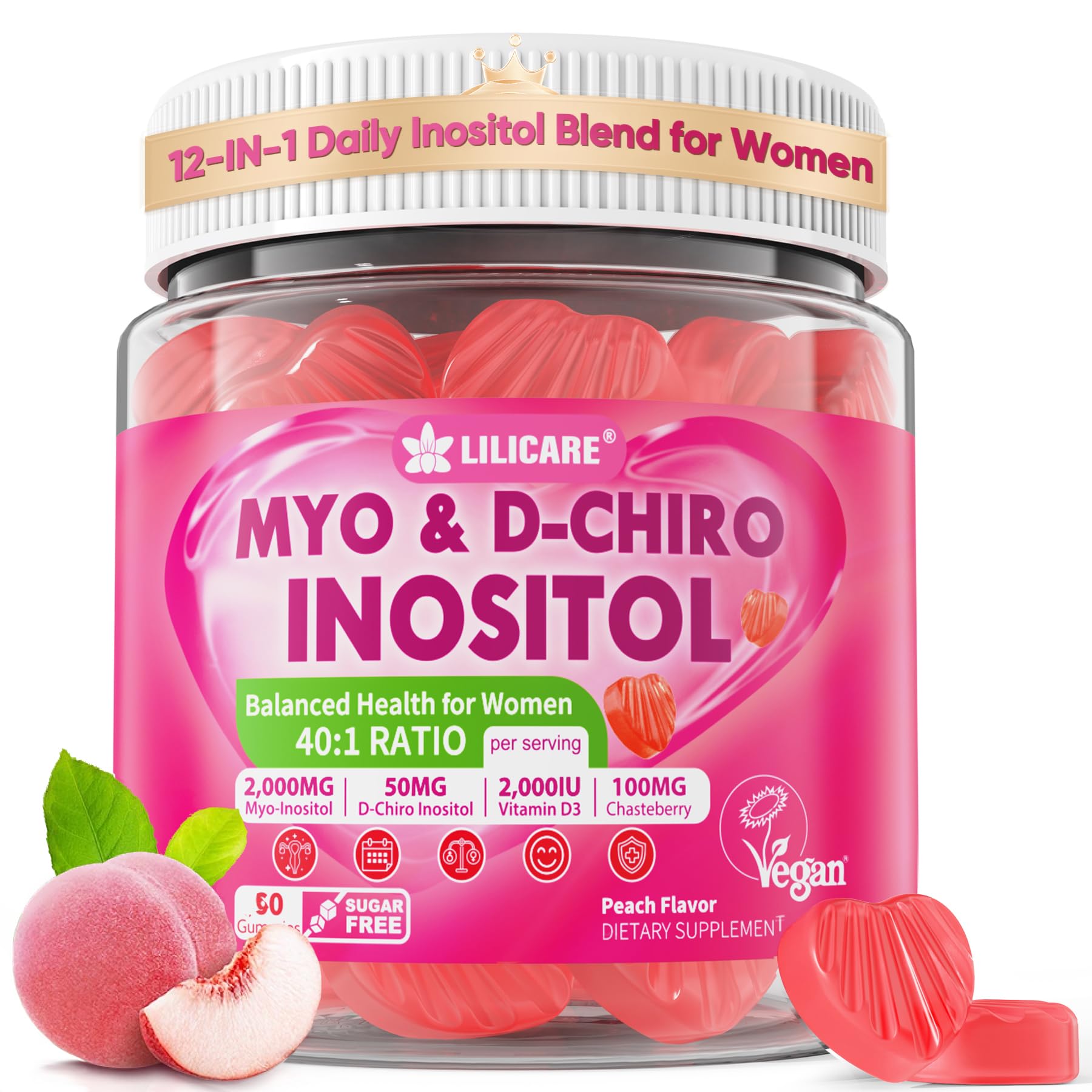 Inositol Gummies for Women + Chasteberry, Myo-Inositol & D-Chiro Inositol 2000mg + 50mg Ideal 40:1 Ratio with Methylated B12 & Folate, Choline, Magnesium,Vitamin D3 for Overall Health,Sugar Free,60Cts
