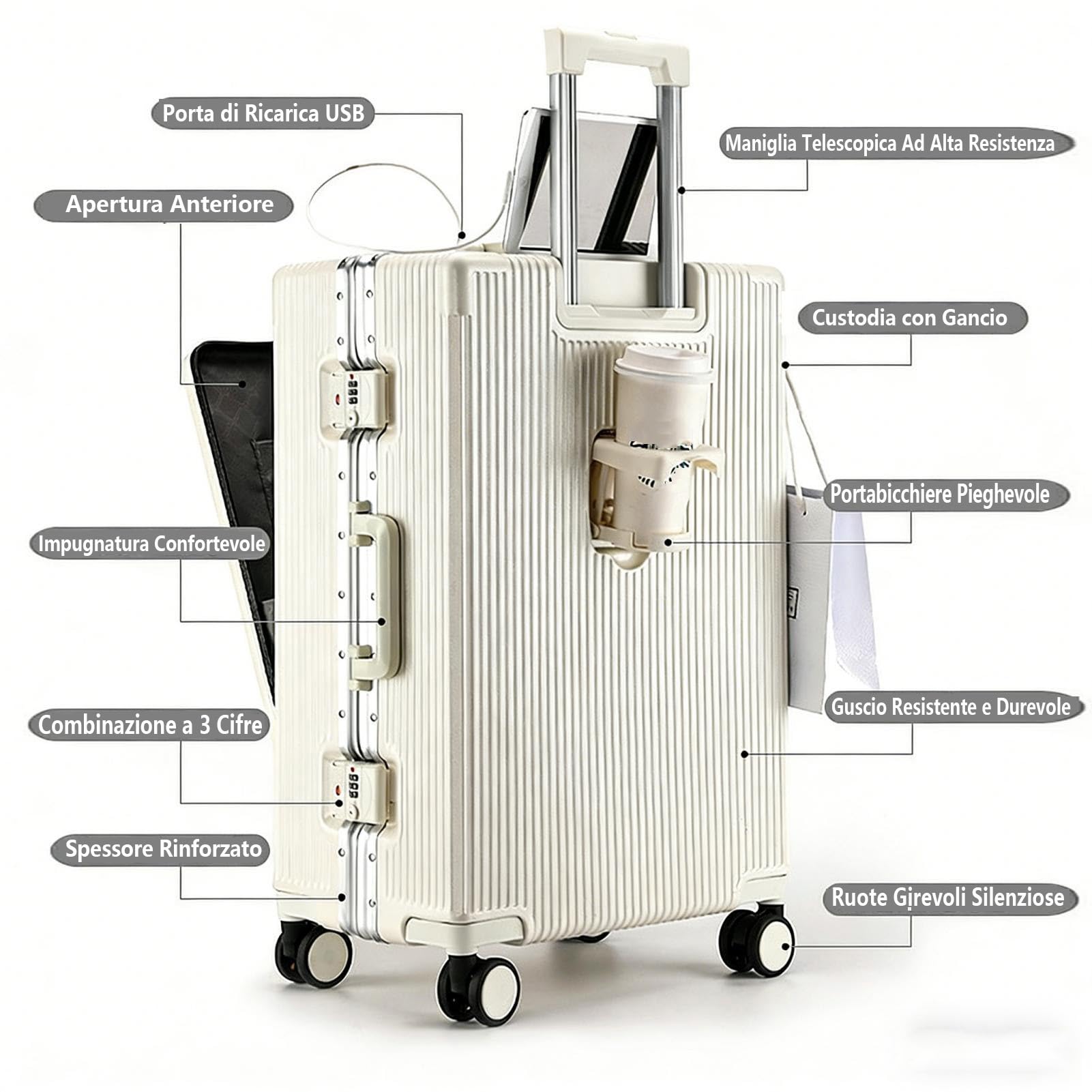 Valigia da Viaggio in Alluminio con Apertura Anteriore, Trolley Valigie Rigido in PC, Porta USB, Portabicchiere, Ruote Girevoli Silenziose, Porta Tazza, Chiusura TSA (Argento, XL)