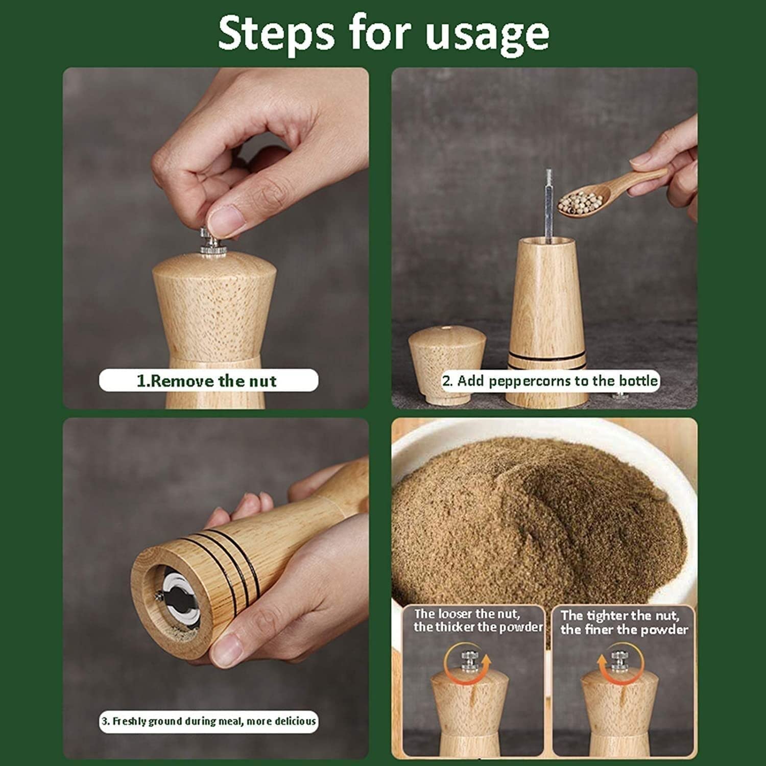 Manuelle Gewürzmühle, Salz- und Pfeffermühlen-Set mit Ständer, Salz- und Pfeffermühlen mit Einstellbarer Keramik-Grobheit, Salz- und Pfeffermühlen aus Holz – 2er-Pack