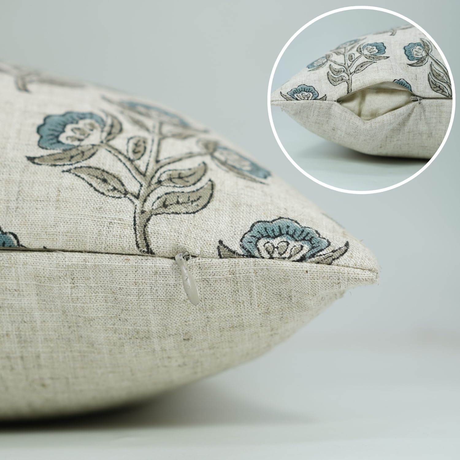 Viscose Linen Fabric Handmade Boho Block Floral Print Throw Pillowcase Cushion Cover 22x22 Inch Decoration for for Sofa, Couch, Chair, Living Room, Bedroom (Bel Patra-Light Blue)