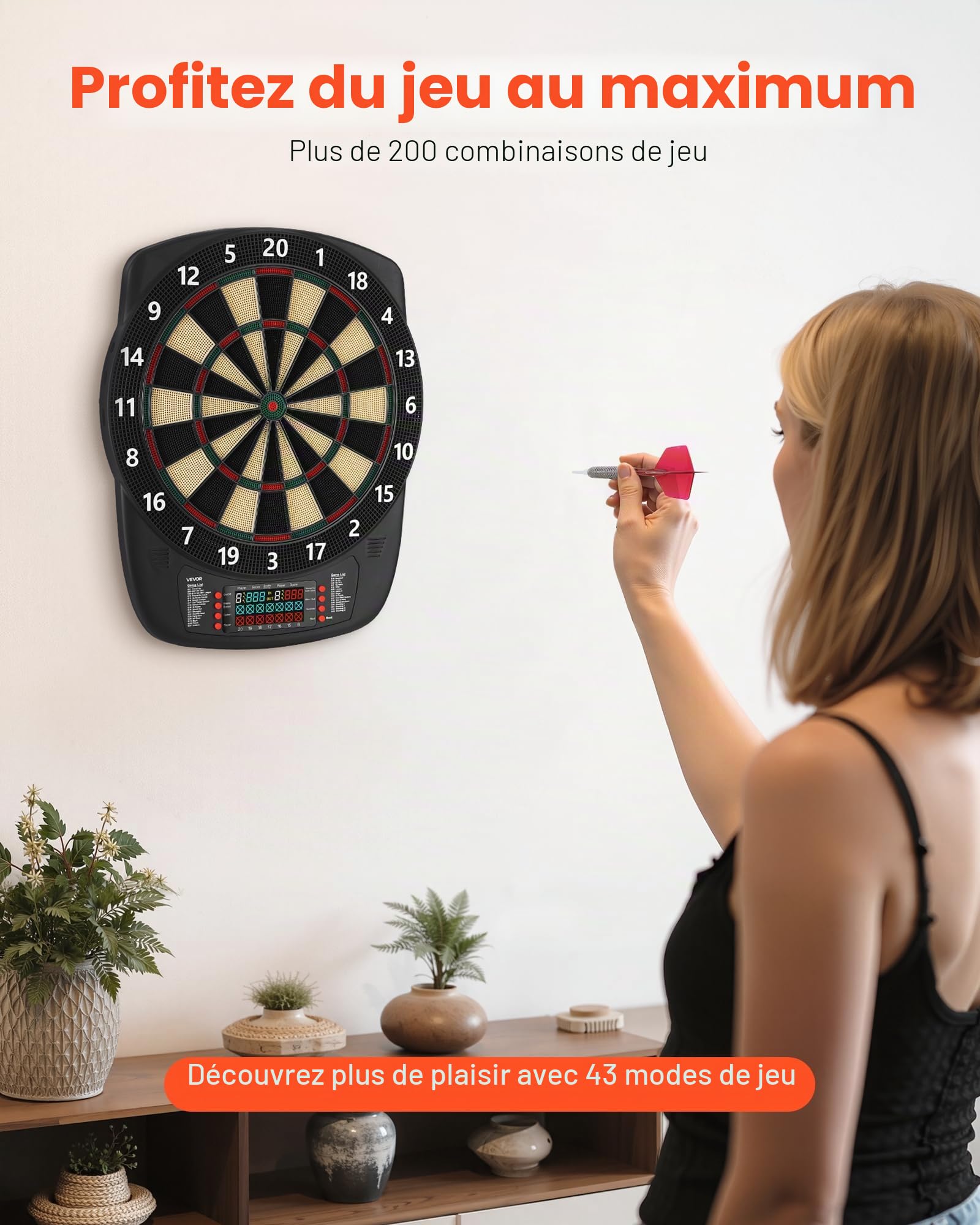 VEVOR Cible de fléchettes électronique 336 mm, Planche à fléchettes avec 43 Jeux et Plus de 200 Variantes pour 8 Joueurs, 6 tiges de fléchette avec ailettes et 50 Pointes Souples, écran LCD Couleur