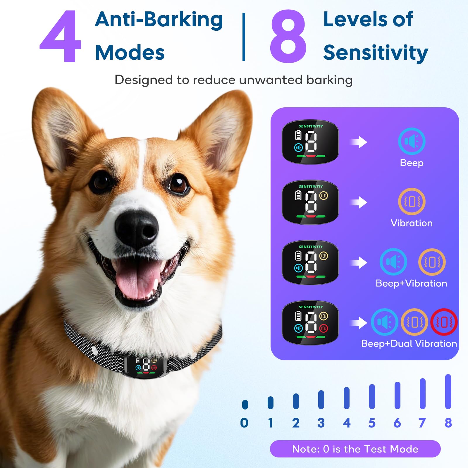 Collar Antiladridos Perros Grande Mediano Pequeño, Collar Adiestramiento para Perros 6-150lbs, 8 Niveles de Sensibilidad, 4 Modos de Sonido y Vibración, Resistente al Agua IP67 y Recargable