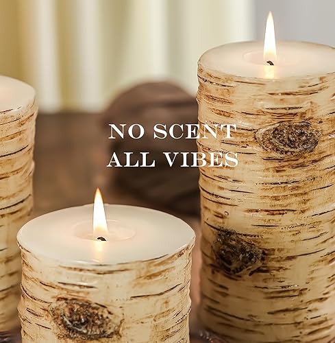 Miniatura 6 de Juego de velas de pilar con textura de corteza de abedul negro, cera real, 3 tamaños (4, 5, 6 pulgadas de alto), velas de chimenea de decoración