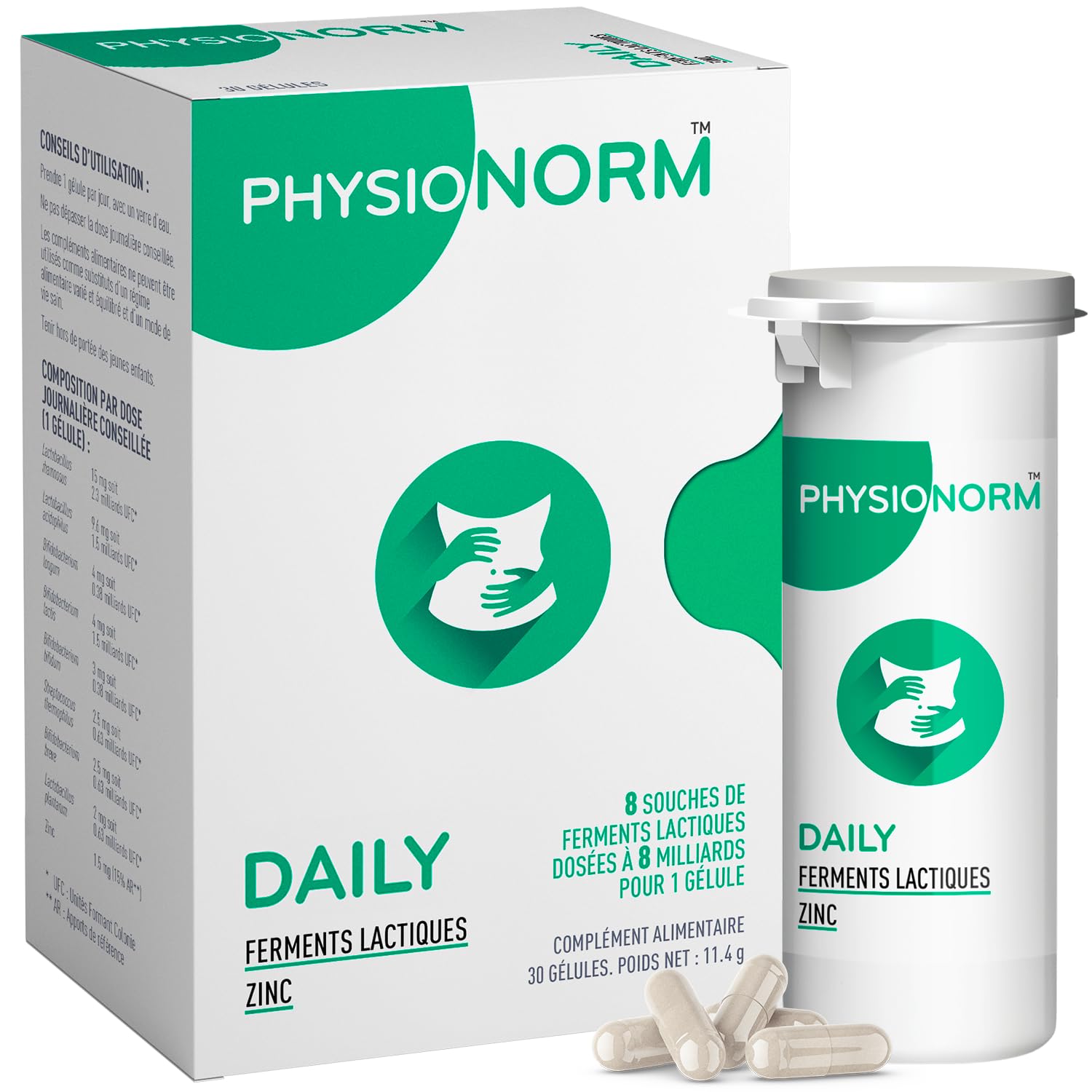 Physionorm Daily - Probiotiques Flore Intestinale & Zinc - Complément Alimentaire pour Confort Digestif, Ballonnements, Transit & Colon Irritable - Cure Ventre Plat - 30 Gélules