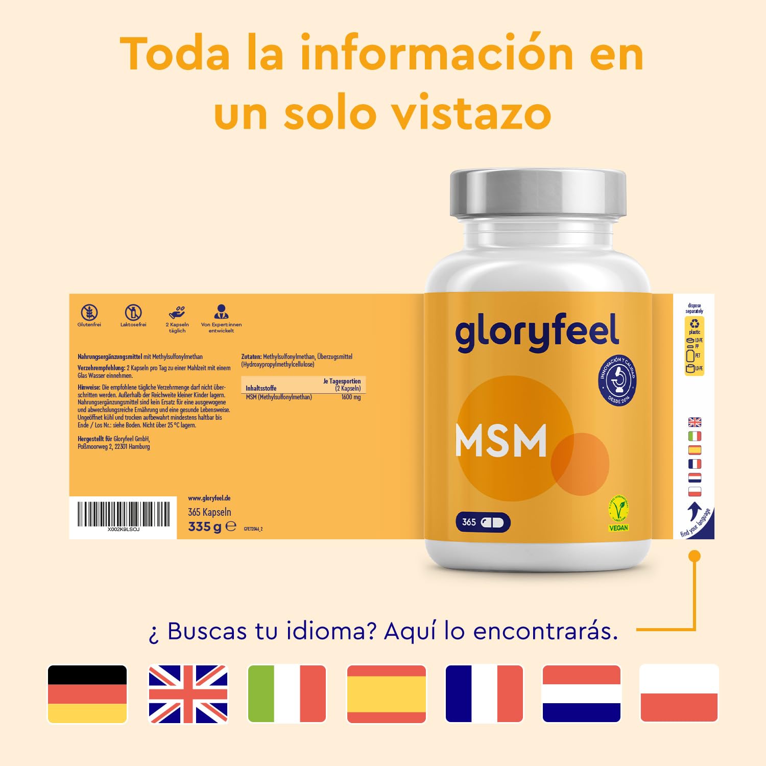 MSM 365 Cápsulas - 99,9% de MSM puro en polvo - 1600mg Metilsulfonilmetano en polvo de azufre orgánico - 6 meses de suministro - Probado en laboratorio y sin aditivos