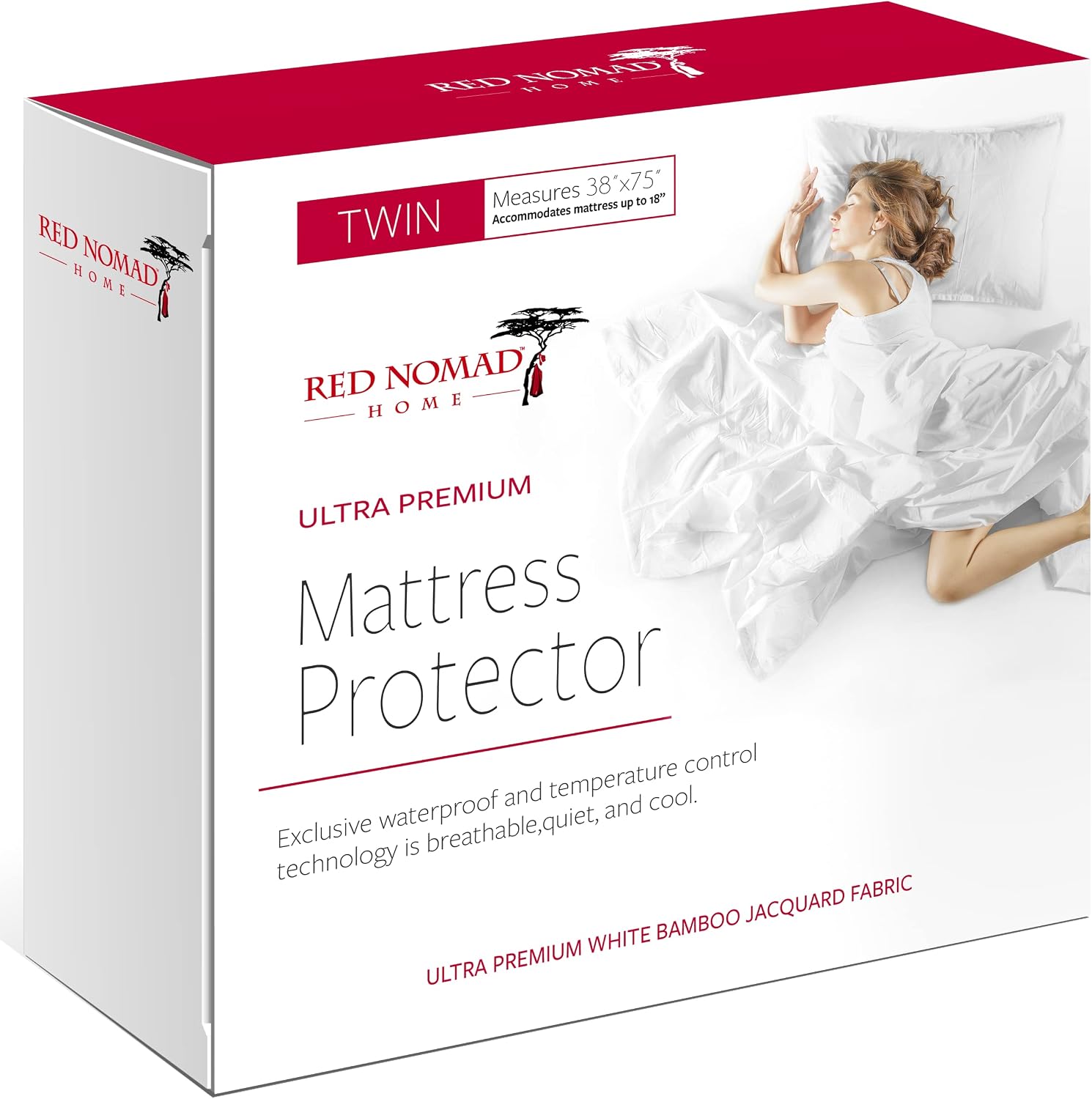 Red Nomad Waterproof Mattress Protector, Complete Bed Mattress Cover, Ultra-Soft Bamboo Fabric with Noiseless Polyurethane Backing - Twin Size