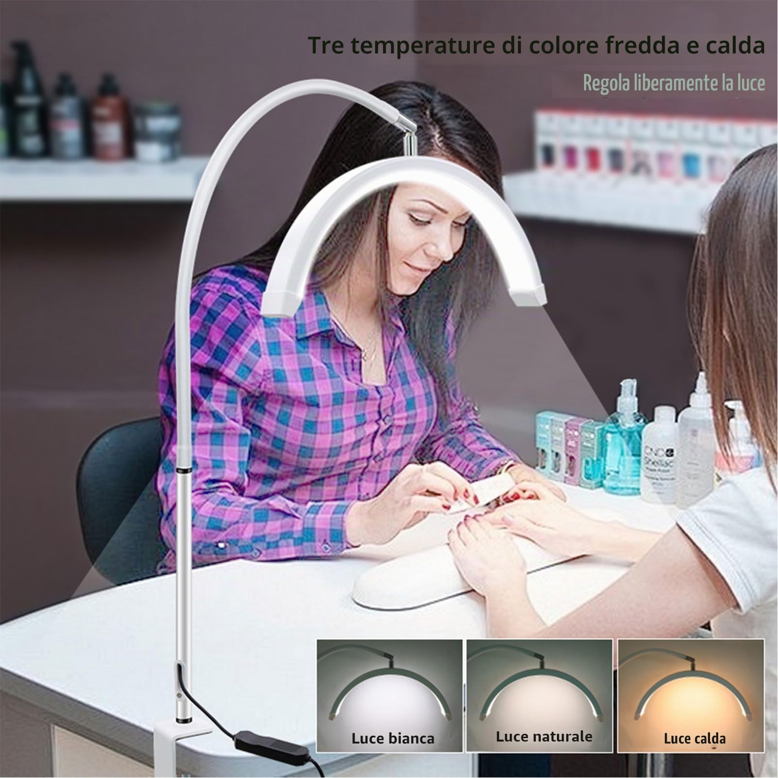 Andoer Lampada di bellezza a LED a mezzaluna da 16 pollici con morsetto da scrivania, luce di riempimento per unghie/ciglia da 20 W, tubo flessibile (#3)