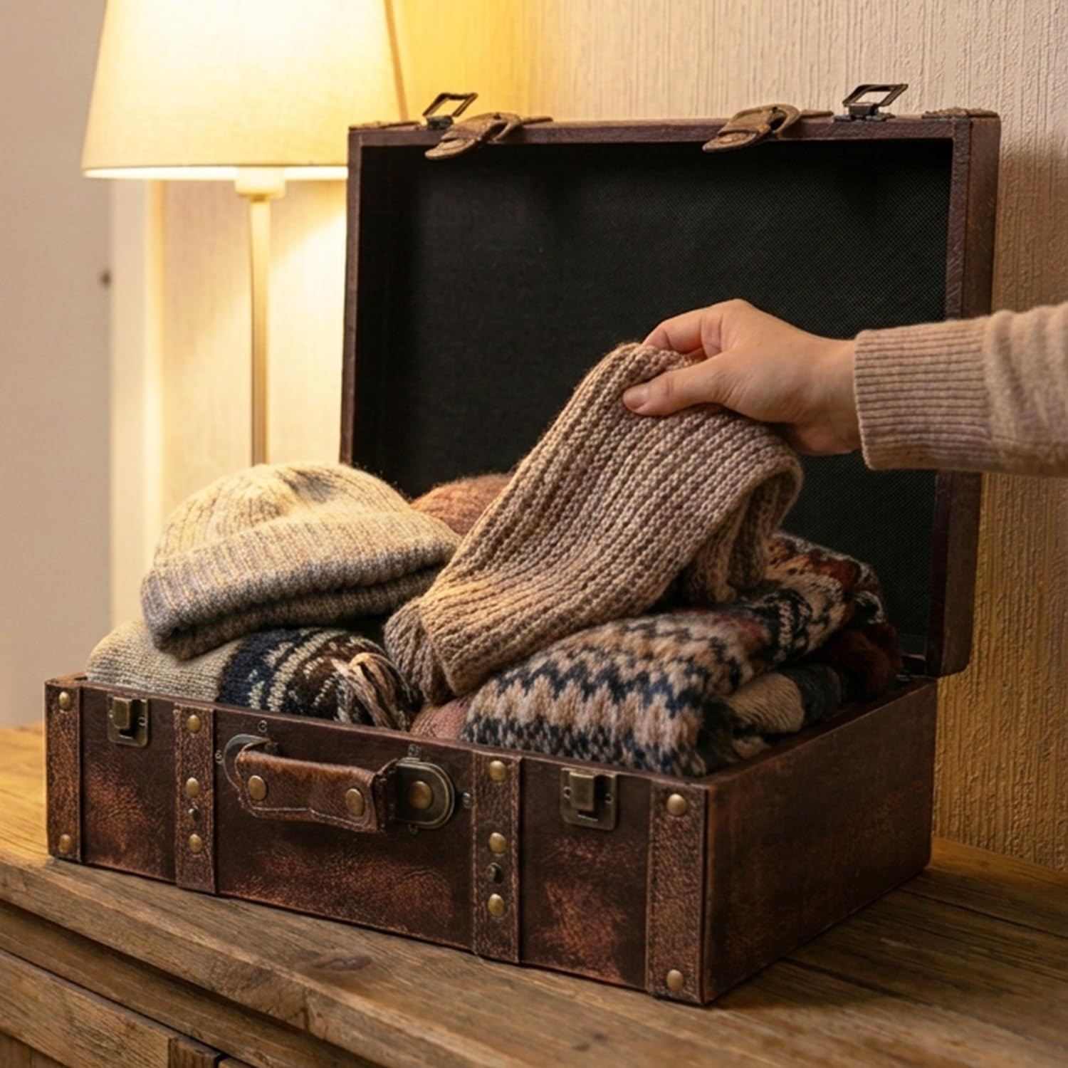 HMF Vintage Deko Koffer aus Holz, Aufbewahrungsbox mit Deckel und Ledergriff, stilvolle Aufbewahrung und Geschenkidee für Hochzeit oder Geburtstag | Klassik | 38 x 26 x 13 cm