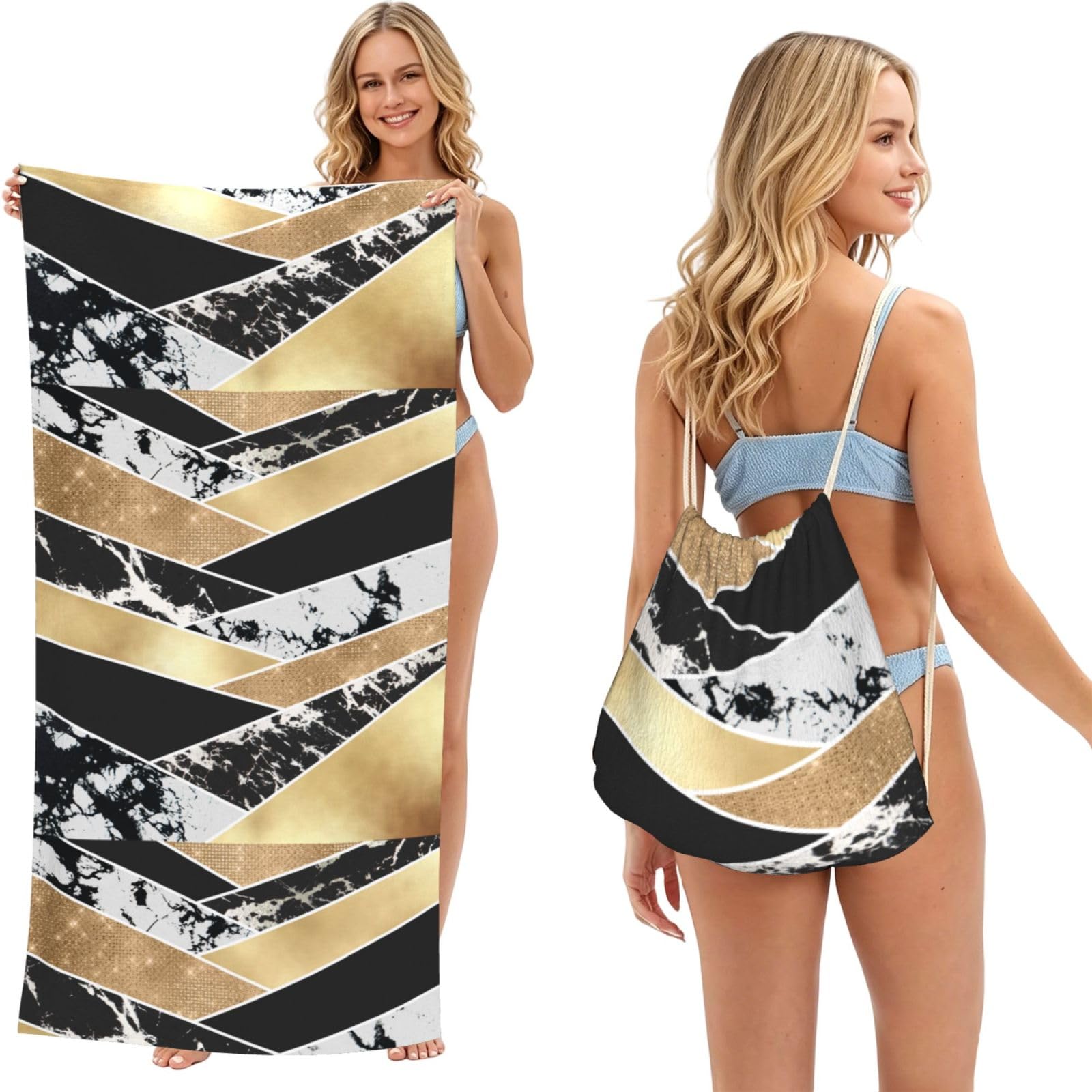 Poadnly Modern Gold Black White Glitter Marble Geometric Art, 2 in 1 Packable Towel Bag, Beach Towels with Drawstring Backpack for Travel Holiday Camping
