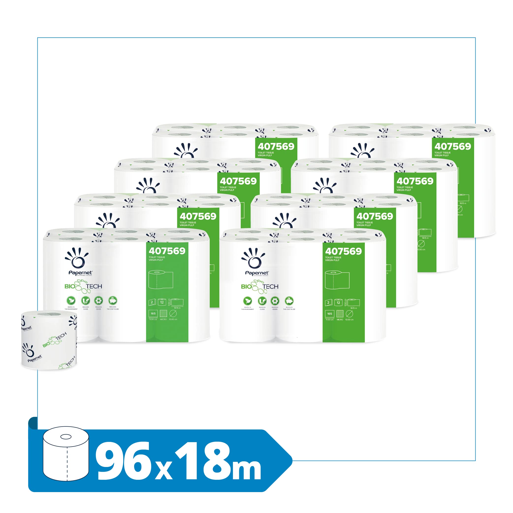 Papernet Papel higiénico de 2 capas Bio Tech 407569|8 paquetes de 12 rollos envueltos individualmente cada uno con 165 hojas 11 x 9,5 cm|Longitud del rollo 18,1 m|Diámetro 10cm|Blanco, Estándar