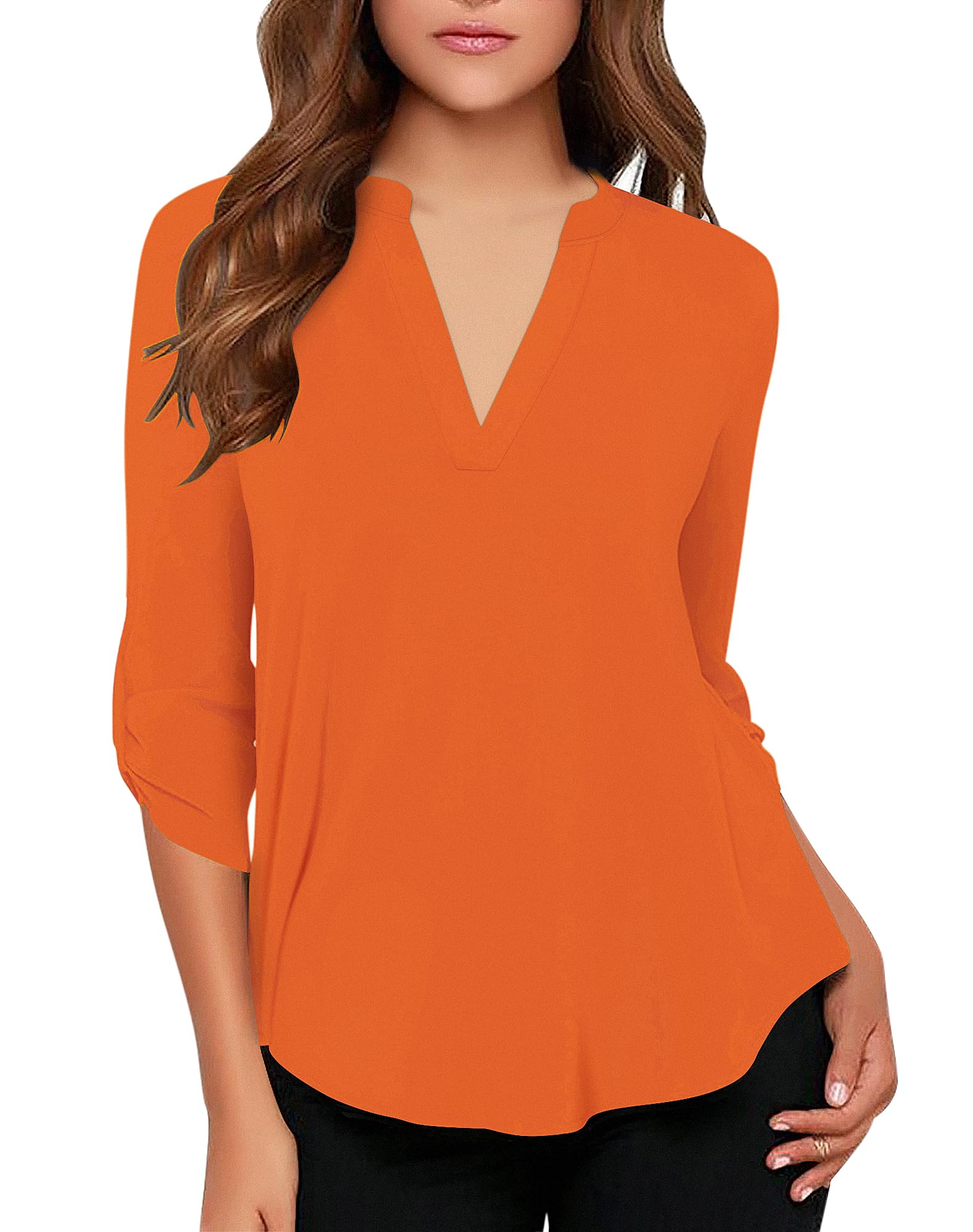 roswear Women's Business Casual V Neck Cuffed Sleeves Work Blouse Top