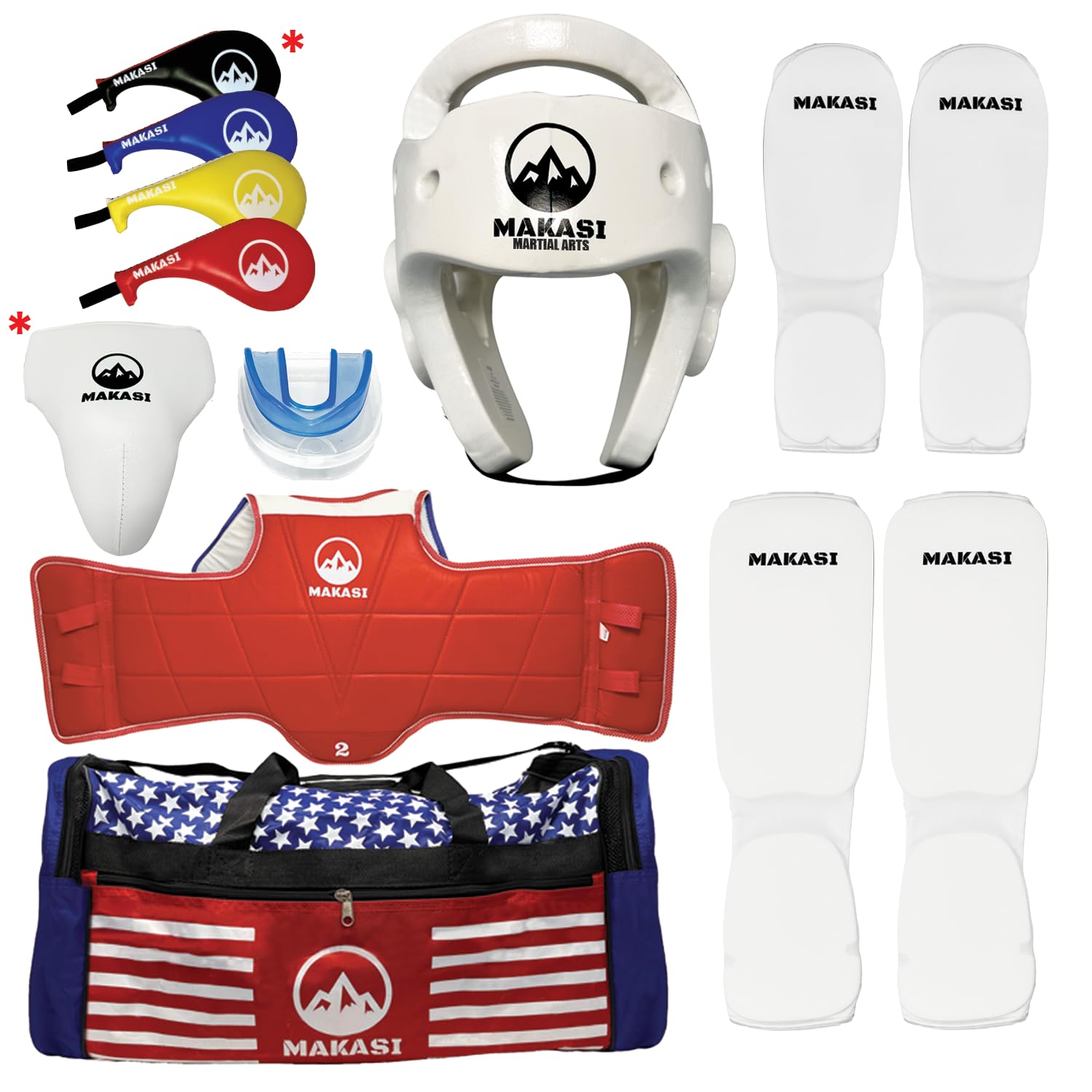 Martial Arts Taekwondo Sparring Gear Equipment Set Headgear Cloth Shin Instep Arm Chest Mouthguard Bag