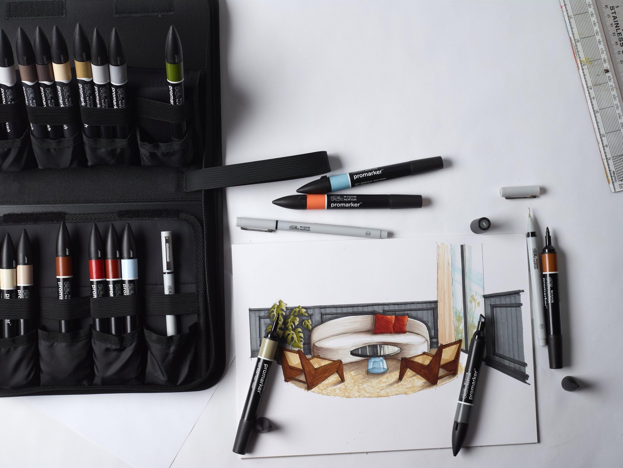 Winsor & Newton Promarker & Fineliner - Set de rotuladores de Diseño de Interiores, Estuche de 26