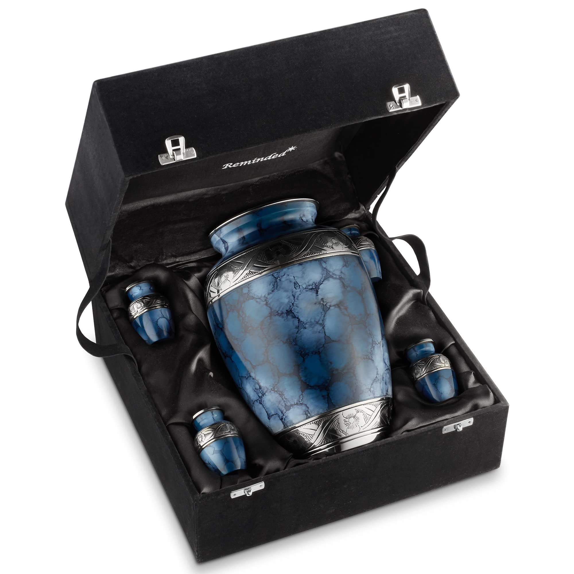 Reminded Set of 5 Decorative Cremation Urns for Human Ashes - 1 Adult + 4 Keepsake Token Size, Blue