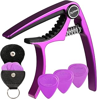 Guitar Capo, Meeland Purple Aluminium Guitar Capo Key Clamp for Acoustic Guitar/electric guitar/Ukulele/Bass With Guitar Picks and Leather Picks Holder and Bridge Pins Puller Included (purple)