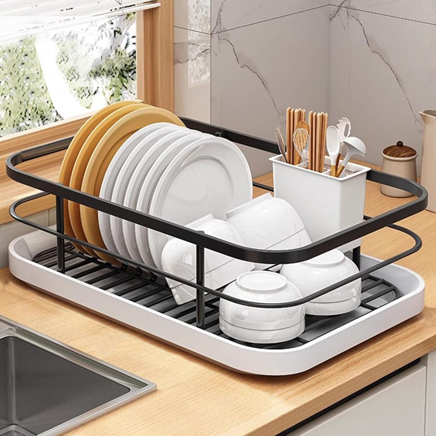 Kitchen Counter Dish Drying Rack,Stainless Steel Dishes Drainer with Utensil Holder,Space-Saving Dish Rack,Removable Plastic Drainer Tray for Dishes, Knives, Spoons (Gold,No Cup Holder)