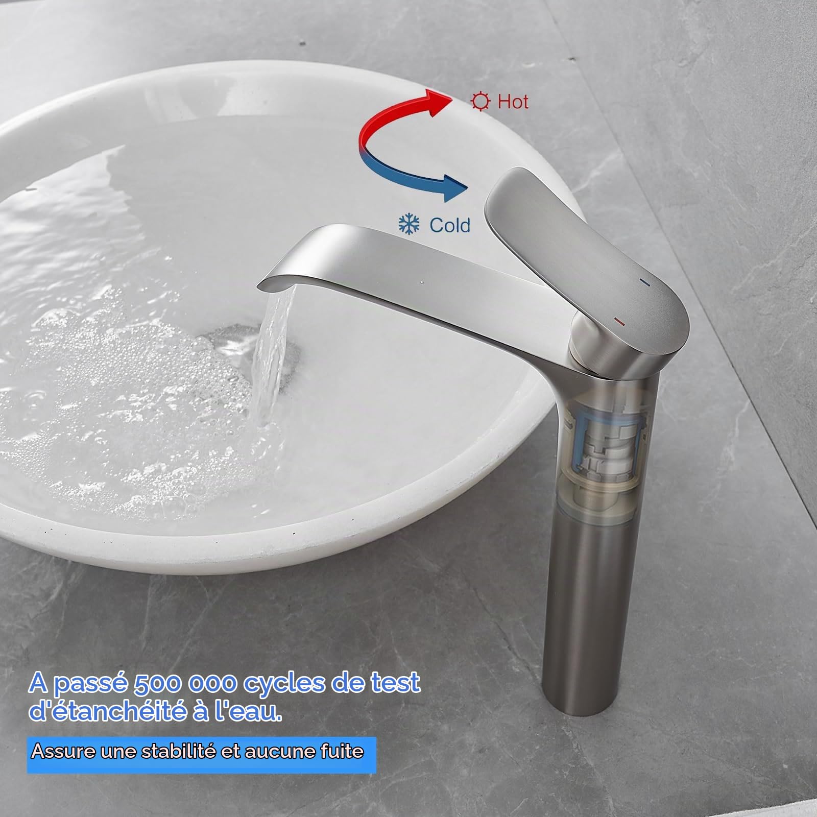 Robinet de salle de bain cascade - Robinet de salle de bain haut - Mitigeur monocommande - Argent (nickel brossé)