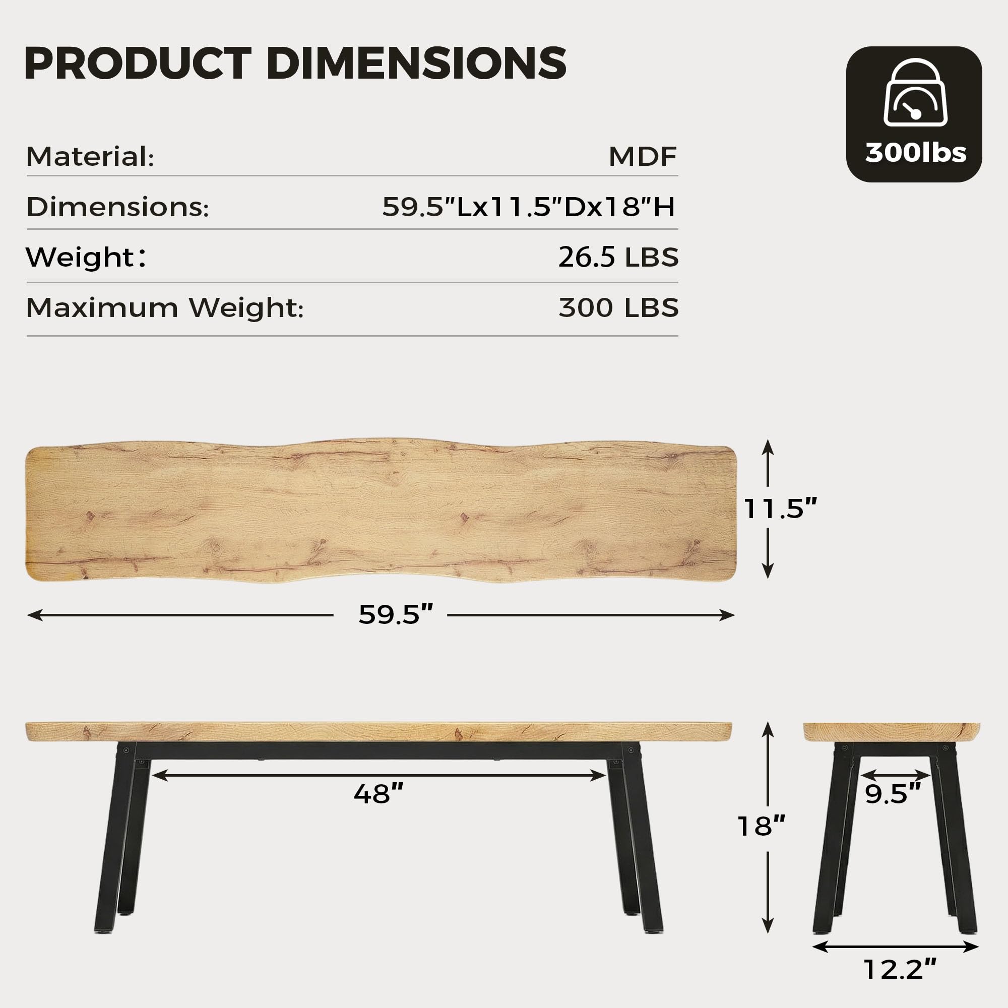 FUQARHY 59” Farmhouse Dining Bench Pair of 2, Long Kitchen Benches | 6-8 Person, Wave Design Kitchen Table Benches, Entryway Bench, Indoor Bench