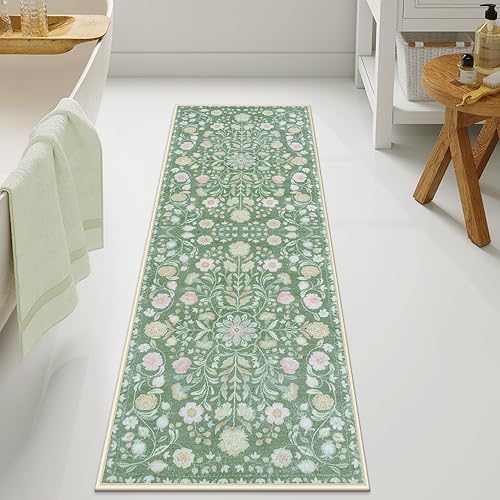 Miniatura 8 de Uphome Alfombra de baño larga con estampado floral beige, suave, antideslizante, lavable a máquina, estilo bohemio, estético, para baño, fregadero,