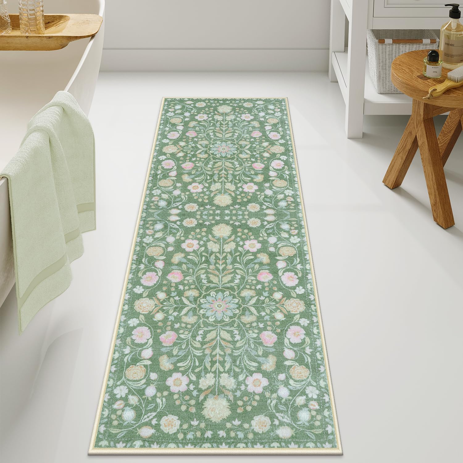 Uphome Bathroom Runner Green Floral Long Bath Mat Ultra Soft Machine Washable Large Bathroom Rugs Non-Slip Boho Vintage Floral Bath Rugs for Entryway