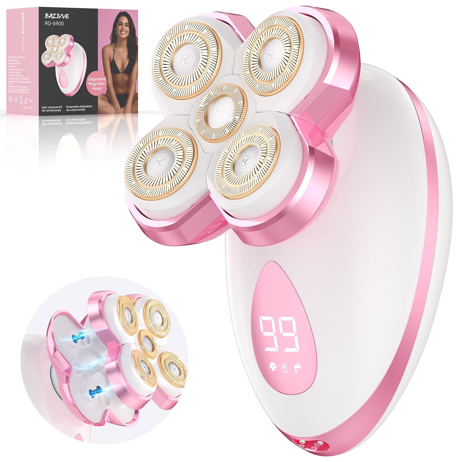 Rasoi elettrici da donna – Rasoio elettrico magnetico aggiornato da donna, senza fili, indolore, per gambe e bikini, per pelli sensibili, rimovibile e impermeabile, rosa