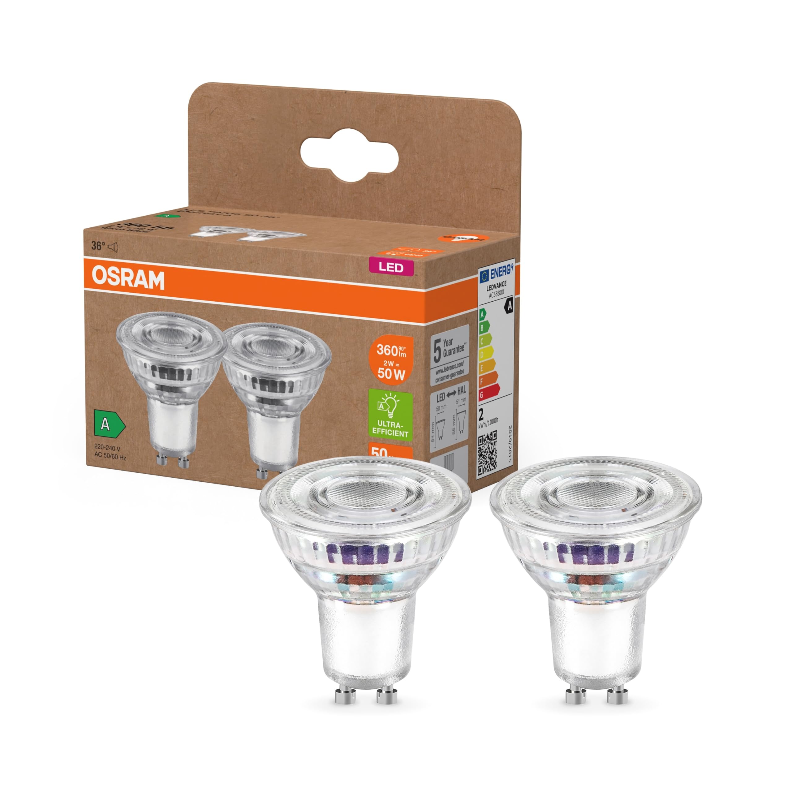 OSRAM Energy Class PAR16 with 2 W, 360 Lumens, Warm White (2700 K) Clear Lead-Free Glass with GU10 A-Socket, 50 mm Diameter, IP20