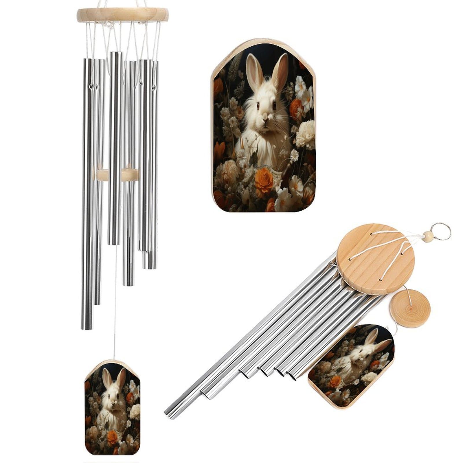 Rabbit and Flowers Wind Chime-Outdoor-Garden Decors. Aluminium Wind Chimes to Melodic Tones .Memorial Wind Chime for Garden Yard Porch, Good Gifts for Women Mom Grandma Wife.