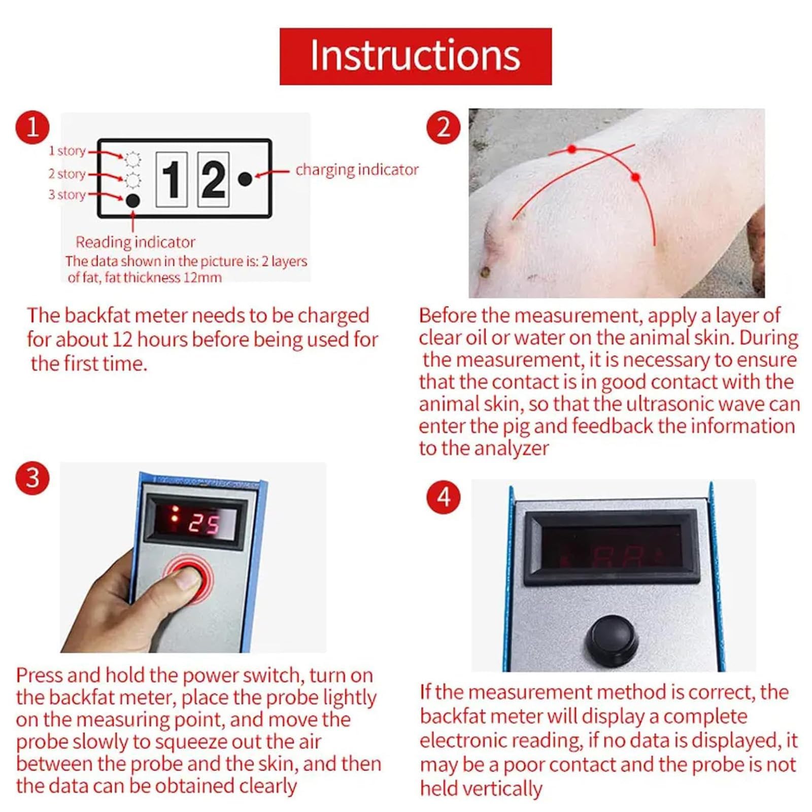 Medidor de grosor de grasa de ganado, probador de precisión para cría de cerdos, 3 luces indicadoras, herramienta de medición de 4-35 mm para gestión de cría de cerdos