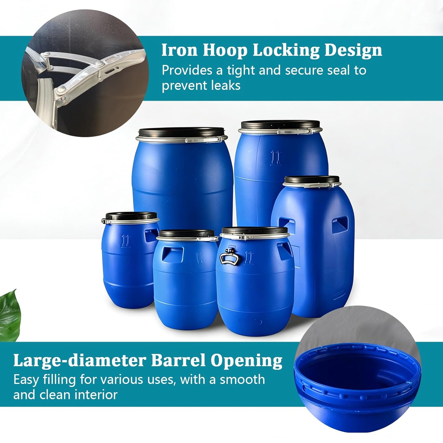 Shipping Barrel,Blue Plastic Drum,Pstic Water Storage Barrel with Lid,Open Top Barrel Drum Keg with Lid and Latch Ring,Ring Air Tight Industrial Container,for Shipping Outside(160L)