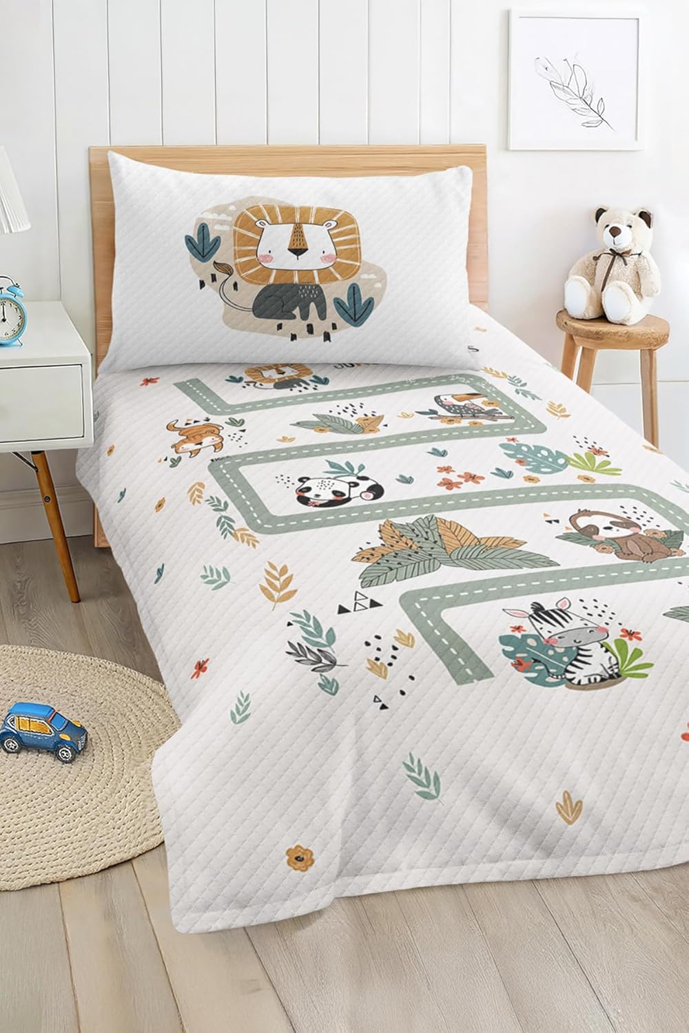 SODEF Quilt Set Forest Animals Pattern White Kids and Teens Room Bedspread, 2 Piece Cotton Polyester Blend, Breathable, Twin Size - Multicolor, One Size
