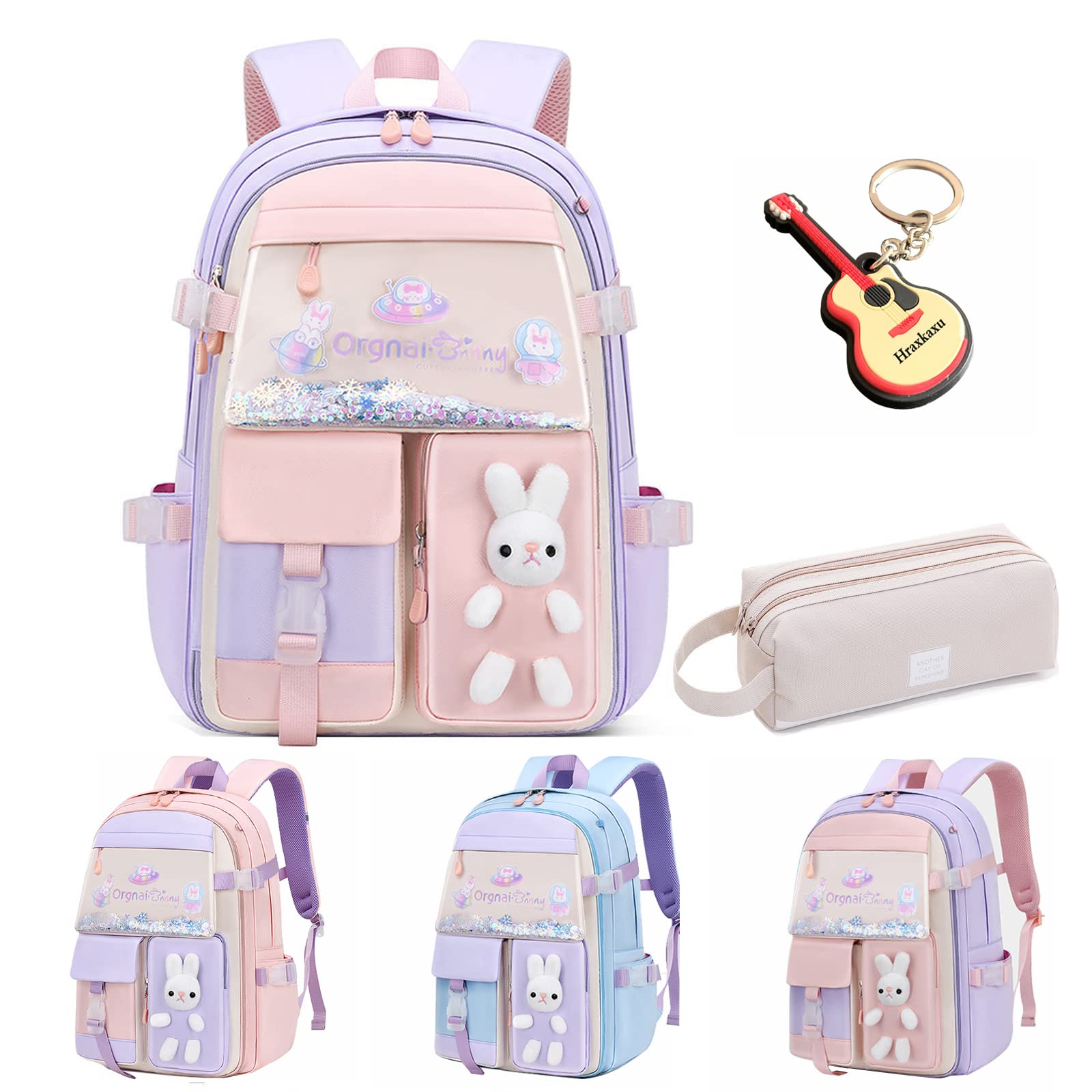 Cute Bunny Backpack, Kawaii Bunny Backpacks Girls,Back To School Large Capacity Waterproof Bookbag for Grades 1-6 Bags(Purple)