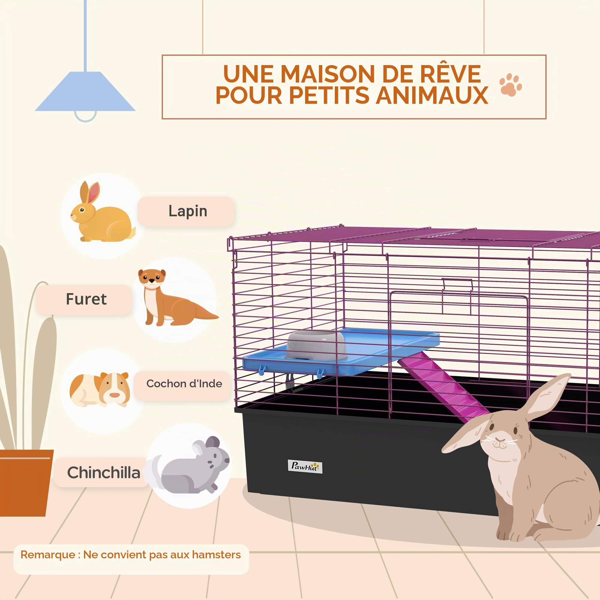 PawHut Cage Cochon d'Inde/Chinchilla/Lapin, gamelle, 99x52x53cm, Noir