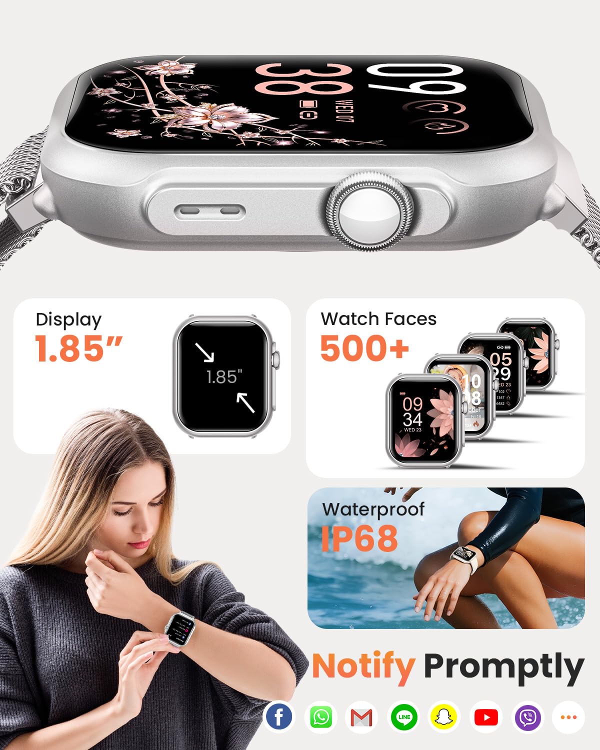 Reloj Inteligente Mujer con Autonomía 100 Días, 1000mAh Batería Grande, 1.83" Smartwatch Mujer con Llamadas, SpO2, Pulsómetro, Sueño, 120+ Modos Deportivos/Calorías/IP68 Podómetro/Android iOS Plata