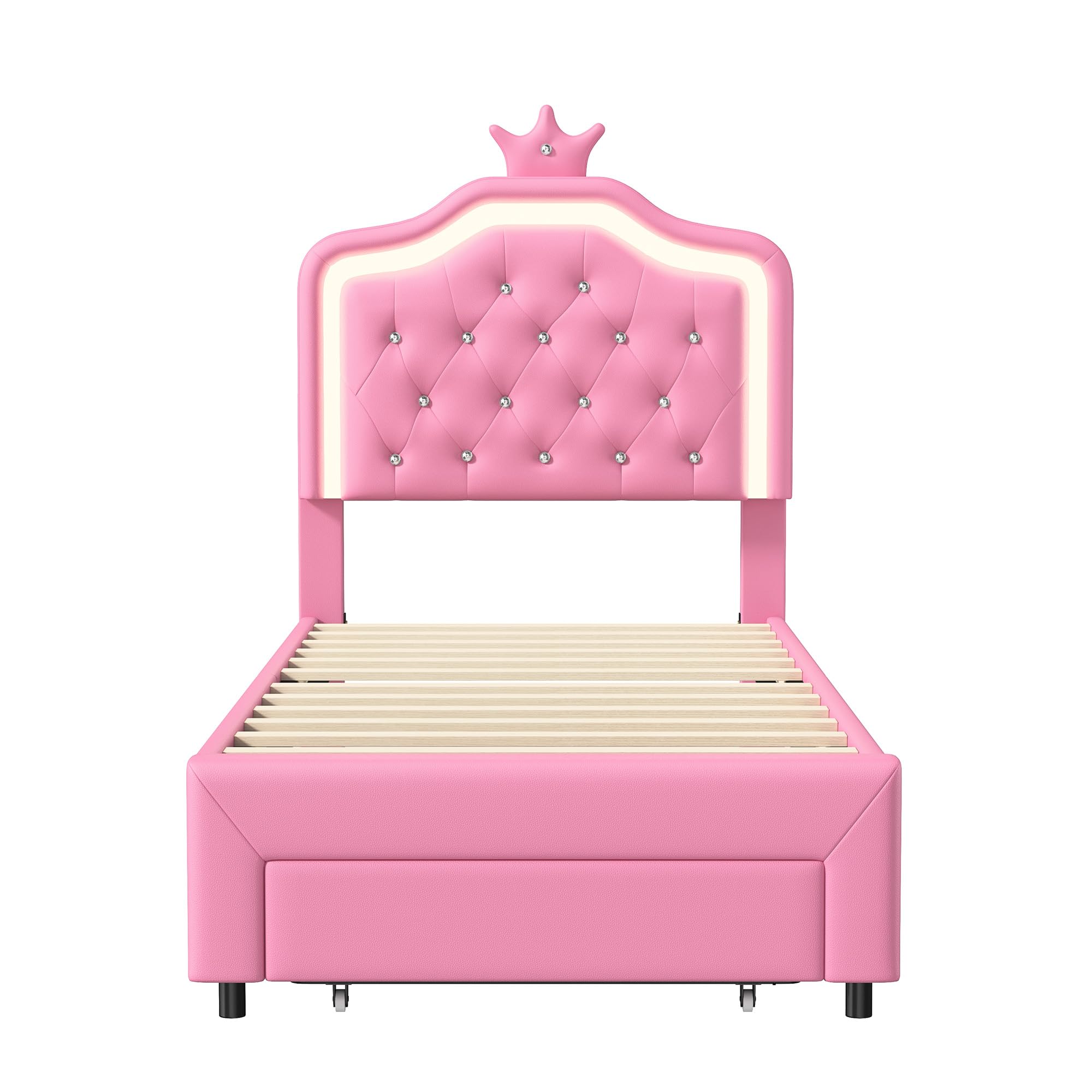 Cama para Niña 90x200 con LED RGB, Regulable en Altura, Cama Individual con contenedor, Cama Infantil, en Forma de Corona, Somier de Láminas de Madera, PU, Sin colchón (Rose-C, 90x200 cm)
