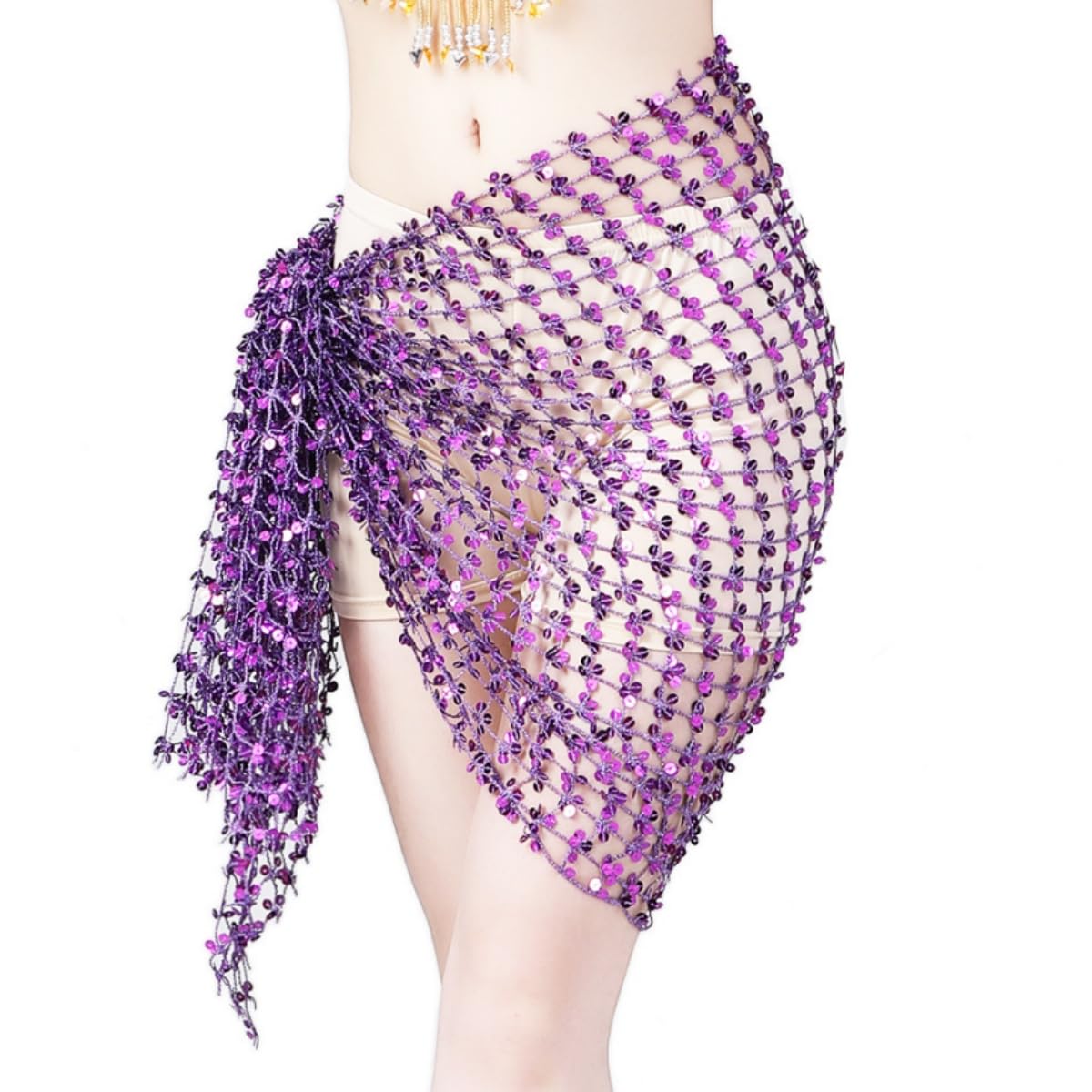 Women's Belly Dance Hip Scarf, Hollow Sequins Mesh Wrap Skirts Sparkly Belly Dancer Outfit Rave Party Skirt Wrap Professional Hip Dancing Skirt Scarf for Women Girls Yoga Latin Dancing Practise