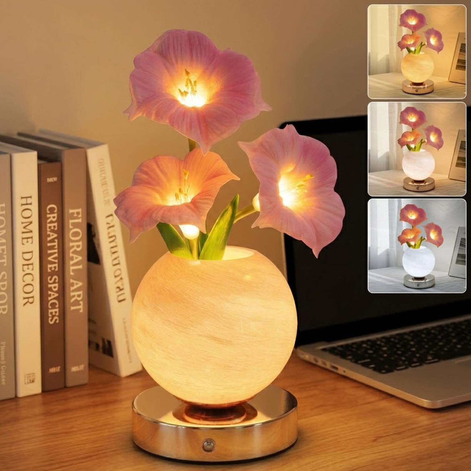 BVI BOOMERVIVI Flower Table Lamp, Rechargeable Cordless Touch Dimming Artificial Morning Glory Flower Desk Lamp, LED Flower Bedside Night Light Romantic Gifts for Girl Women Mom (Pink Morning Glory)