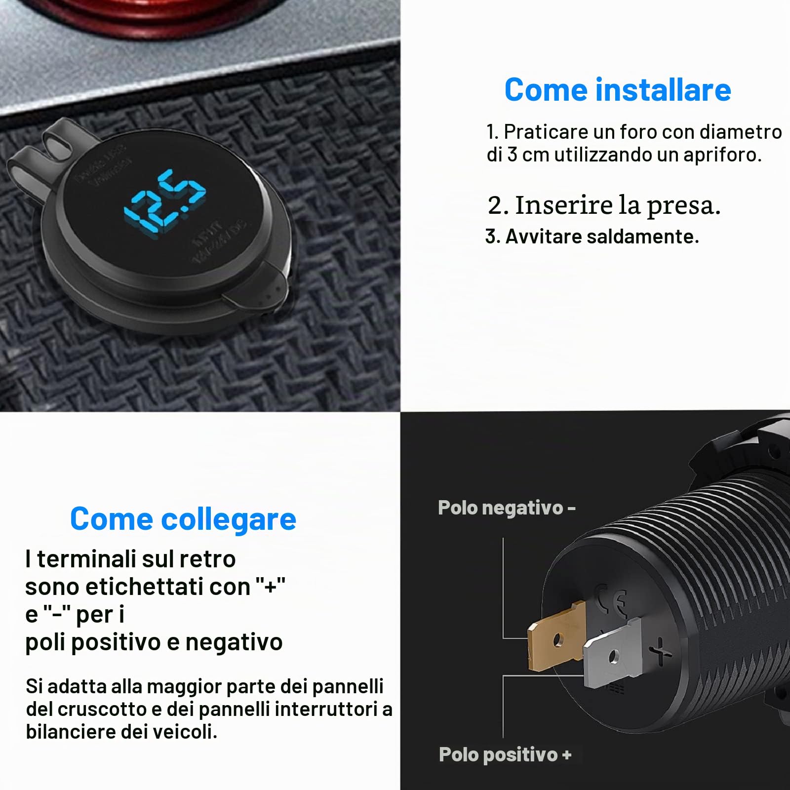 Quick Charge 3.0 Presa USB Carica per Auto con Interruttore: Qidoe Presa USB da 12 volt Impermeabile Adattatore Accendisigari con Display Voltmetro a LED Blu per Moto, Barca, Camion, Caravan
