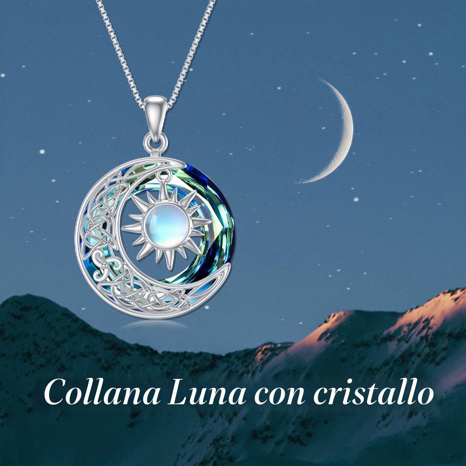 REDSUN Collana con ciondolo a forma di luna e sole, in argento Sterling 925, motivo celtico, con pietra di luna e sole, gioiello regalo per donne e ragazze