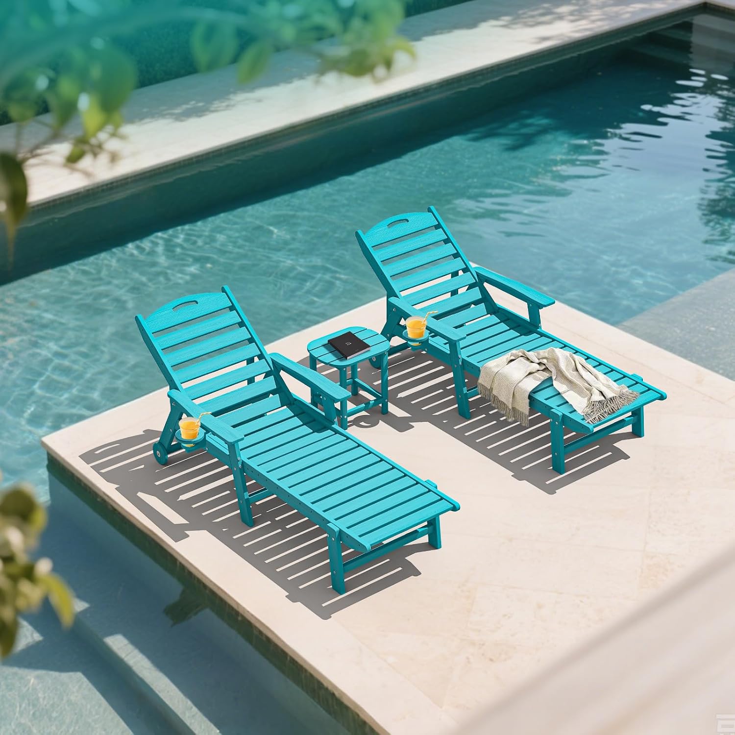Plawdlik Oversized Patio Chaise Lounge Set of 2, 5 Positions Adjustable HDPE Outdoor Lounge Chair with Rolling Wheels & Cup Holder,All-Weather for Poolside, Beach, Garden - Aruba Blue