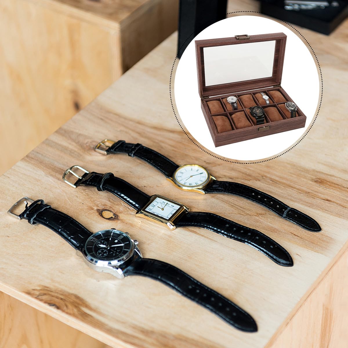 Scatola Porta Orologi in Pelle Pu e Legno 10 Scomparti Separati, Copertura Trasparente in Vetro, Organizer Elegante per Orologi e Gioielli Adatto a Uso Personale