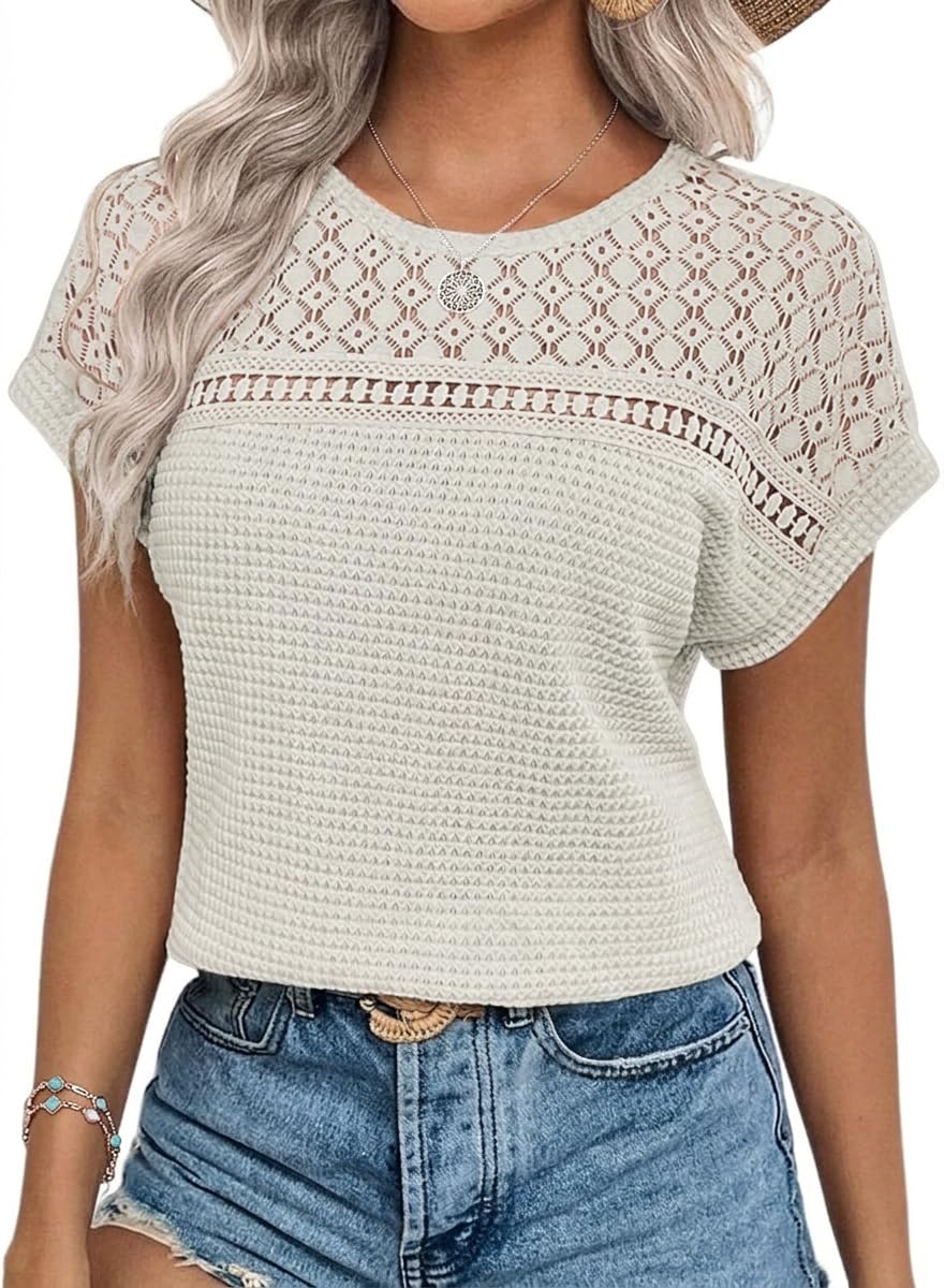 Chicrise Blouse Women's Elegant Short Sleeve Lace Tops Crochet Crew Neck T-Shirt Summer, ivory, XXL