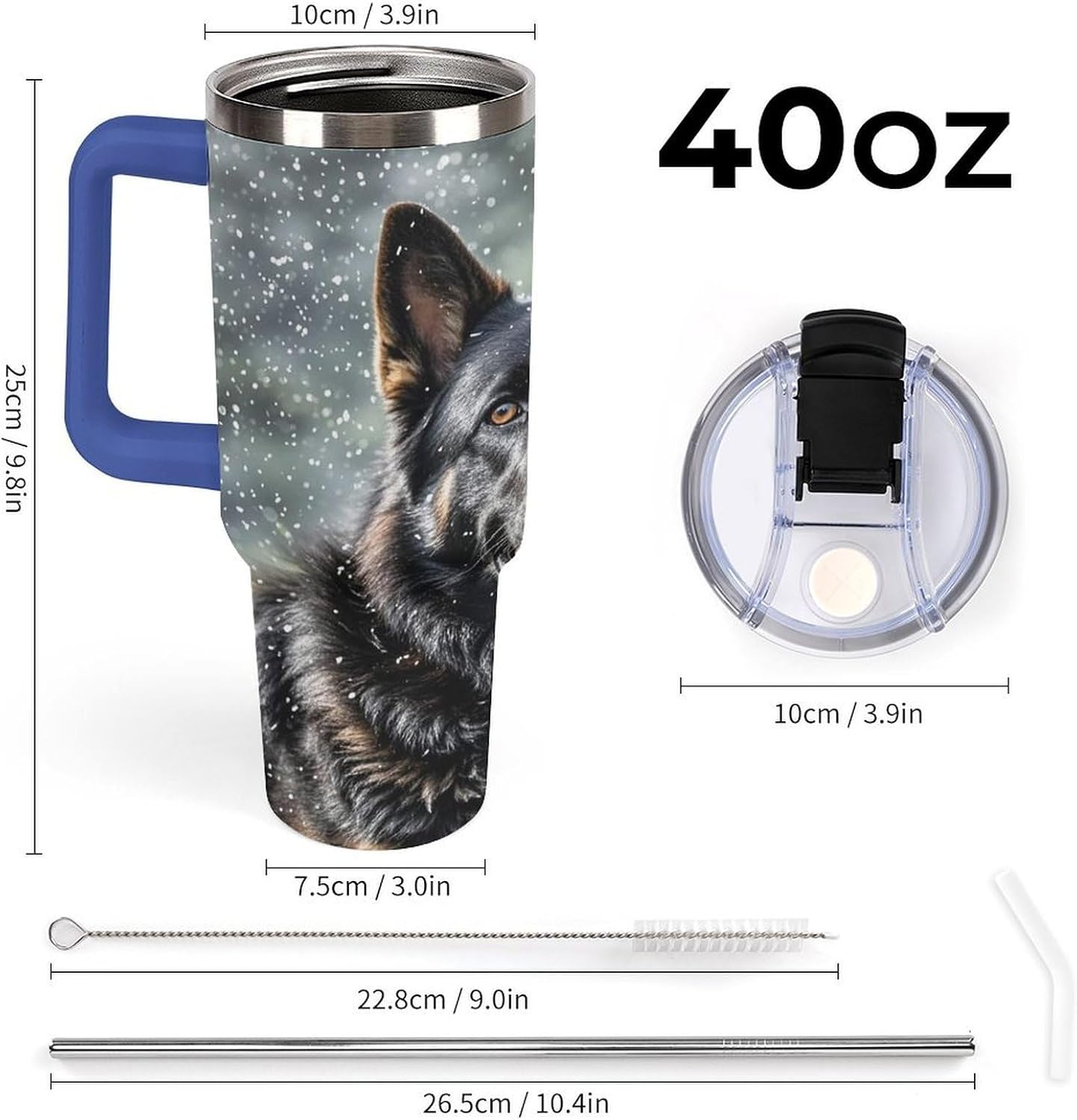 Black German Shepherd Dog Tumbler 40 Oz with Handle&Lid Large Car Cup Stainless Steel Vacuum Travel Mug Insulated Water Bottle Leak-proof Portable Coffee Cup for Home Car Outdoor