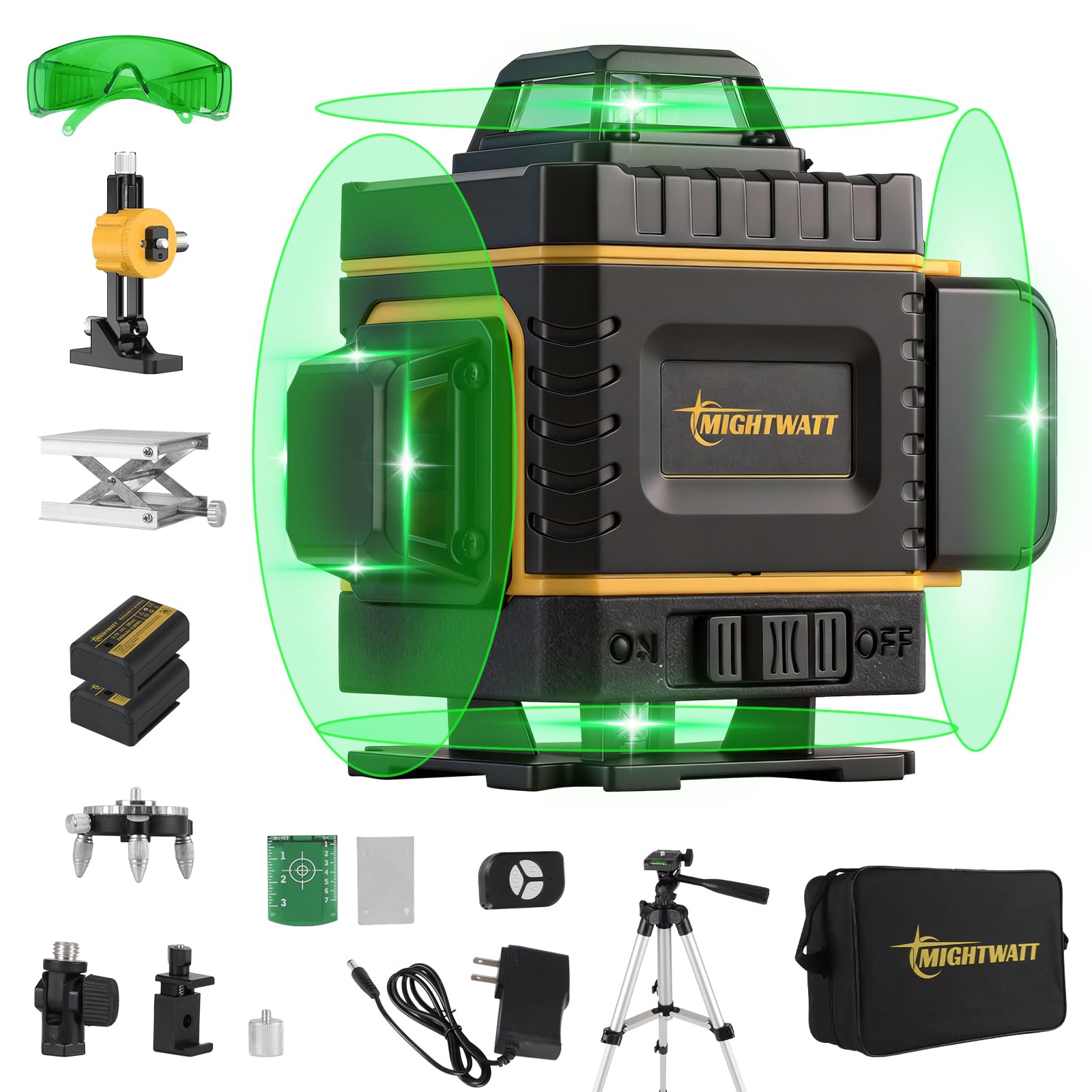 mightwatt 4D 16 Lines Green Laser Level Self-Leveling with Magnetic Bracket & Remote Control | Includes Rechargeable Battery, Glasses, Wall Mount |