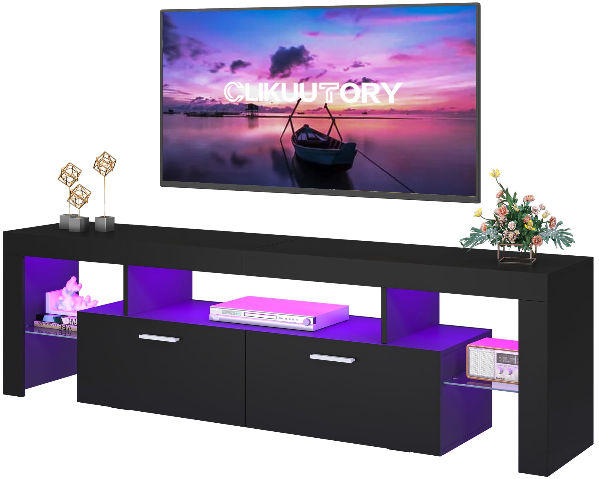 Clikuutory Modern Lighting 63 inch TV Stand with Large Storage Drawer for 50 55 60 65 70 75 Inch TVs, TV Console with 20 Color LED Lights, Entertainment Center Media and Open Shelf for Bedroom, Black