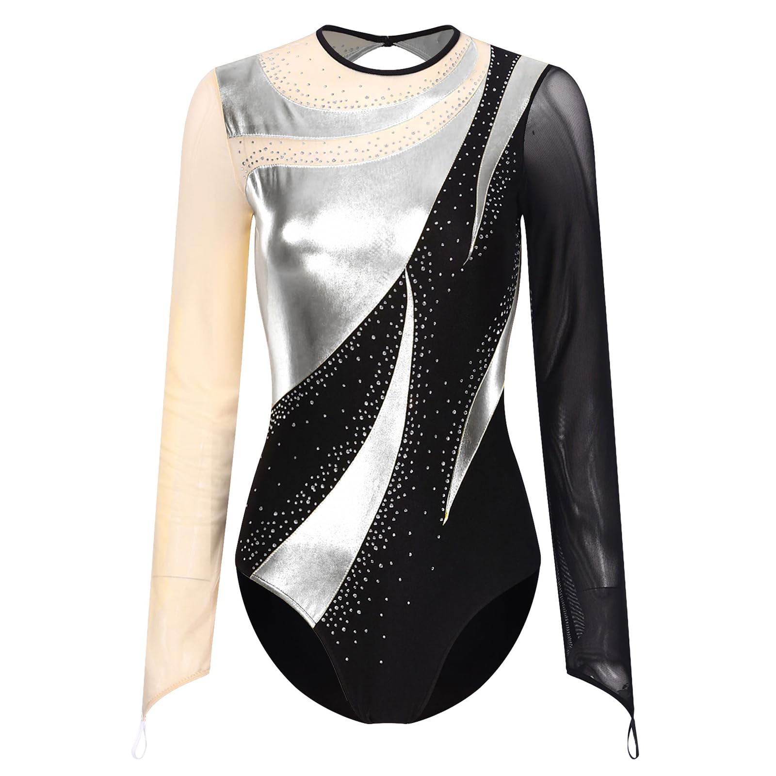 Combinaison De Danse Femme Asymétrique | Manches Longues, Strass, Maille Transparente - Pour Gymnastique, Patinage, Spectacle - Tailles S à XXL