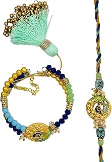 Rakhi Gift Set for Brother & Bhabhi | Includes Beautiful rakhi for Bhai and Lumba Rakhi for Bhabhi, Roli Chawal, Magnet and Chocolate | Send Rakhis to US/Canada, Rakhi Gift, Wrist bands for Brother, Sister, Father & Friends (Peacock Designer, Set of 2 rakhis (Bhai Rakhi and Bhabhi Lumba))